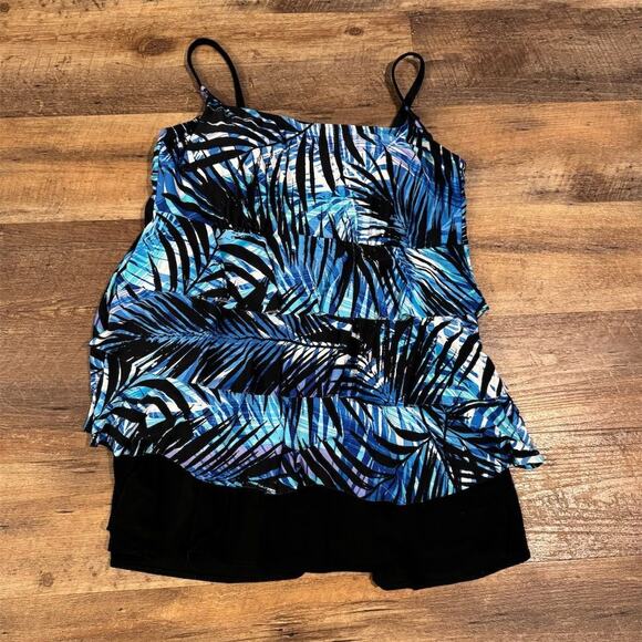 St. John's Bay Tropical Leaf Swimdress Blue Tiered Cruise Resort Vacation Sz 18 - Picture 1 of 7
